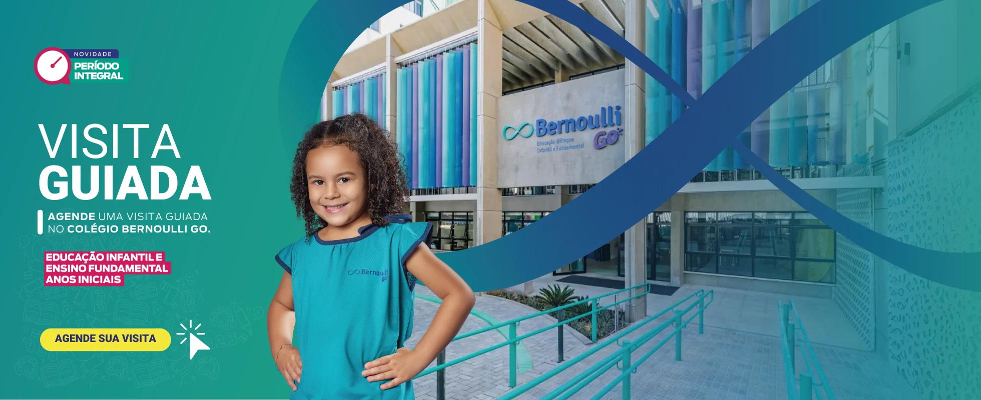 Aluna Bernoulli com os dizeres: visita guiada, agende uma visita guiada no colégio Bernoulli GO, da educação infantil ao ensino médio