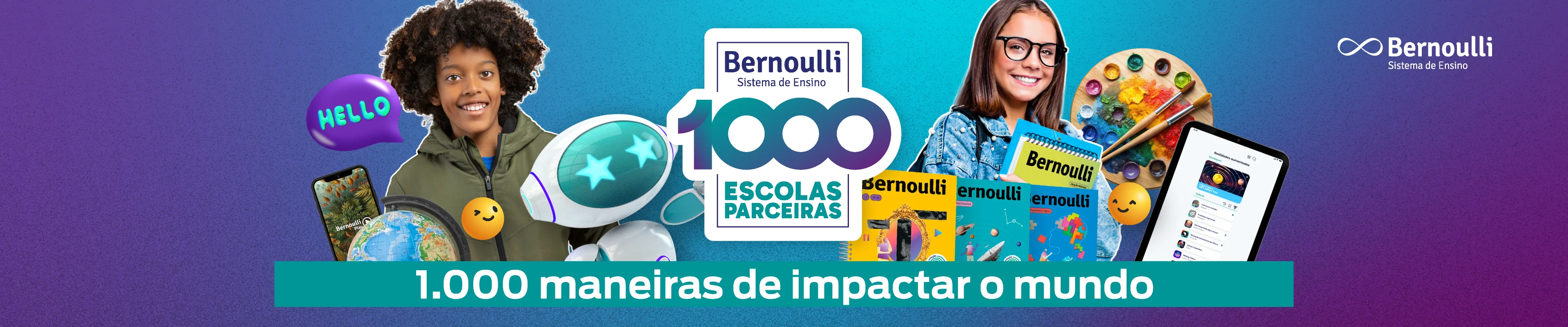 Alunas Bernoulli rodeadas de apetrechos oferecidos nos sistemas de ensino e os dizeres: 